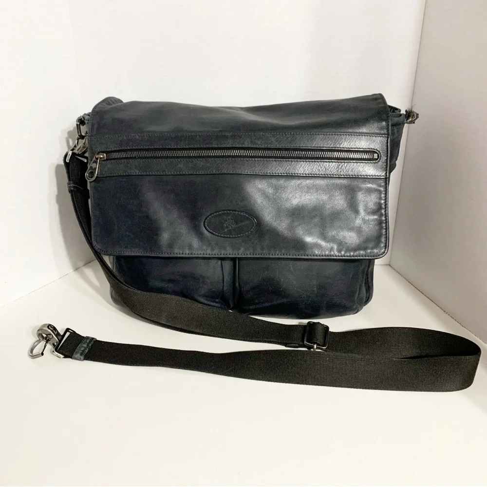 Mulberry Leather Messenger Bag Adjustable Webbing Strap Silver Tone Hardware